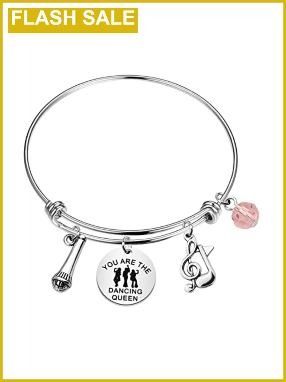 Stainless Steel Adjustable Bangle Bracelet with Dancing Queen Charm for Fans